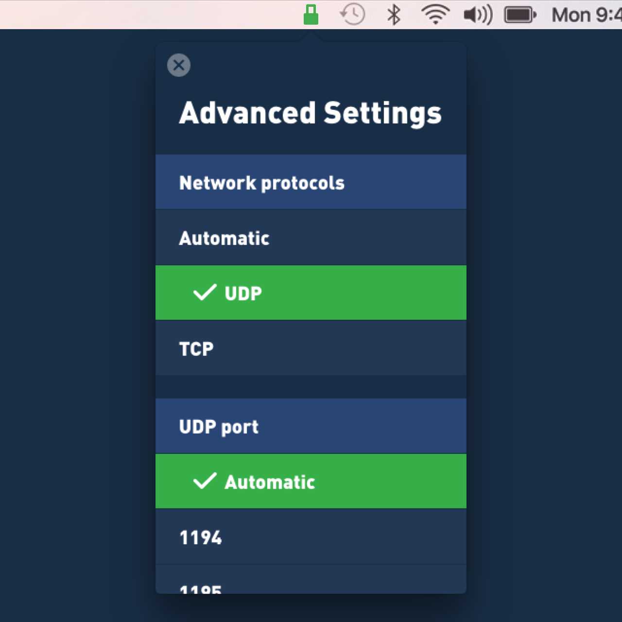 macOS screenshot of the advance settings in Mullvad's new VPN app