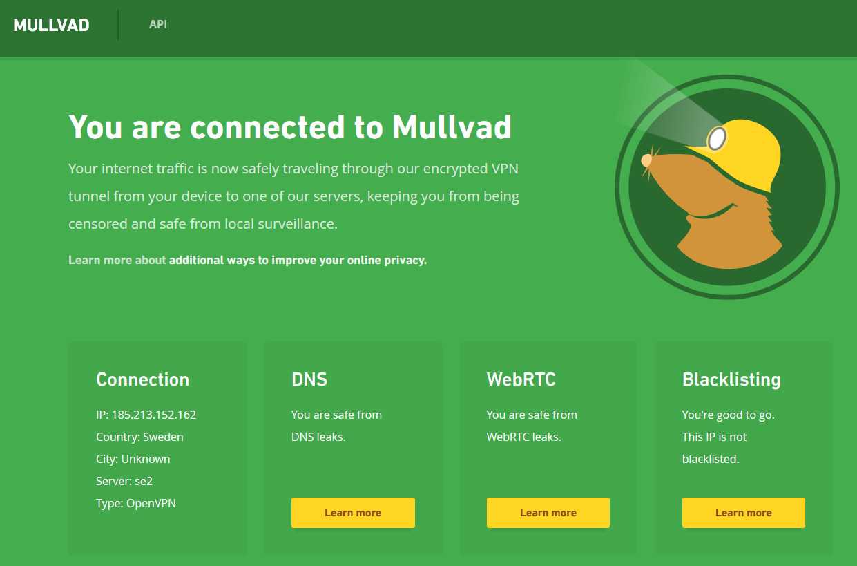 screenshot of Am I Mullvad website showing a successful VPN connection