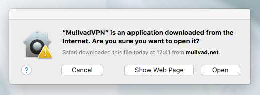 screenshot of info window macOS asking if you want to open the Mullvad app