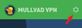 A red arrow pointing to the Settings icon (cogwheel) in the Mullvad VPN app